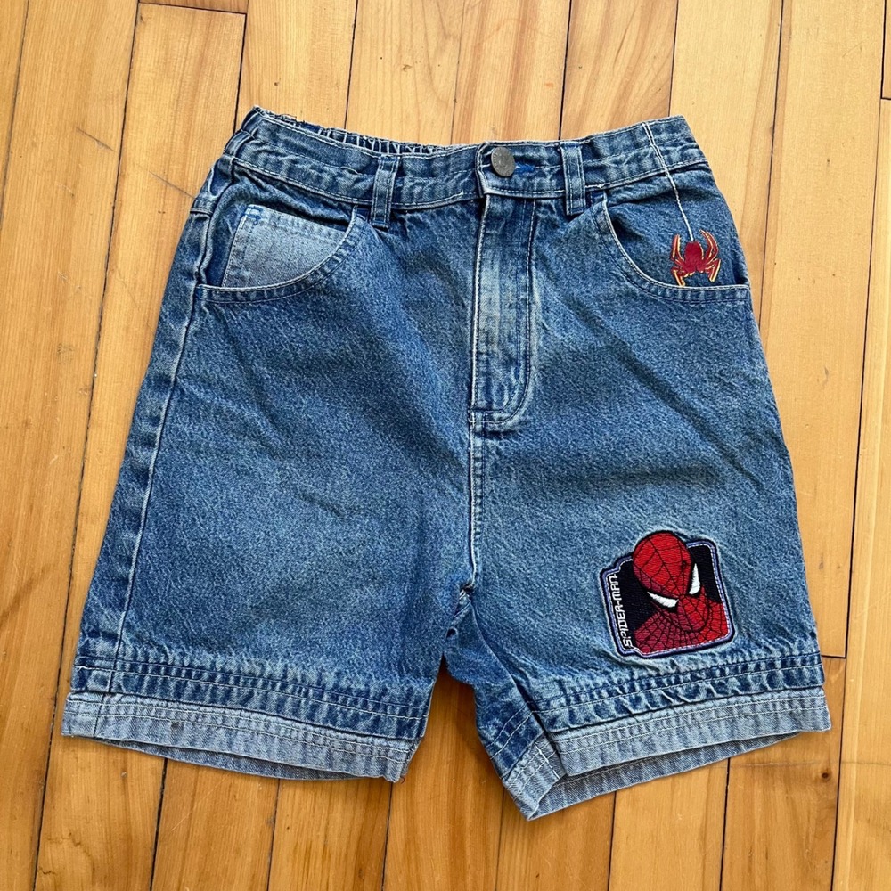 Kids Spider Man Denim Shorts Elastic Waist Graphic Patch Rare Vintage Y2K